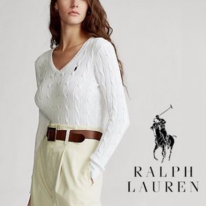 POLO RALPH LAUREN White
Cable-Knit V-Neck Sweater, Size L .